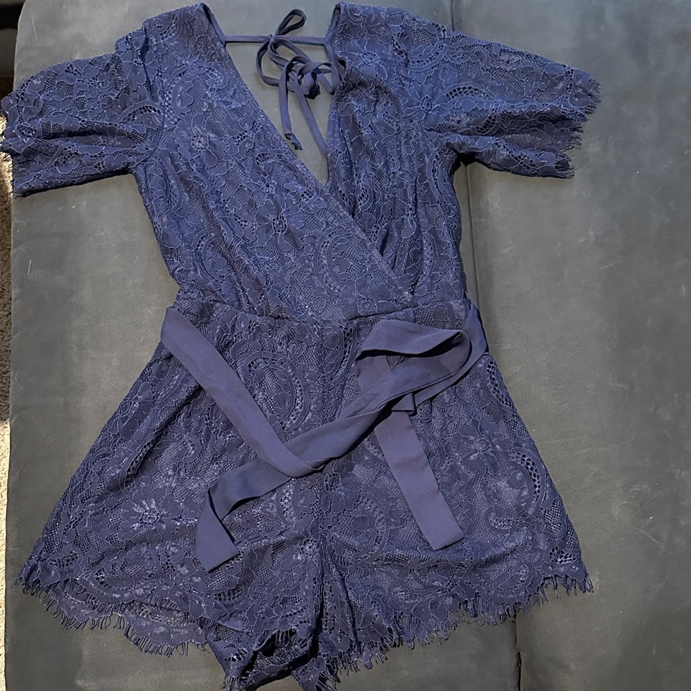 Francesca's Collections Lace Romper in Deep Blue